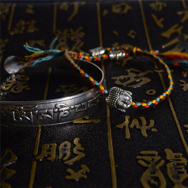 2 pc Tibetan Buddhist Braided Cotton Lucky Knot Rope Bracelet & OM MANTRA Bangle Set